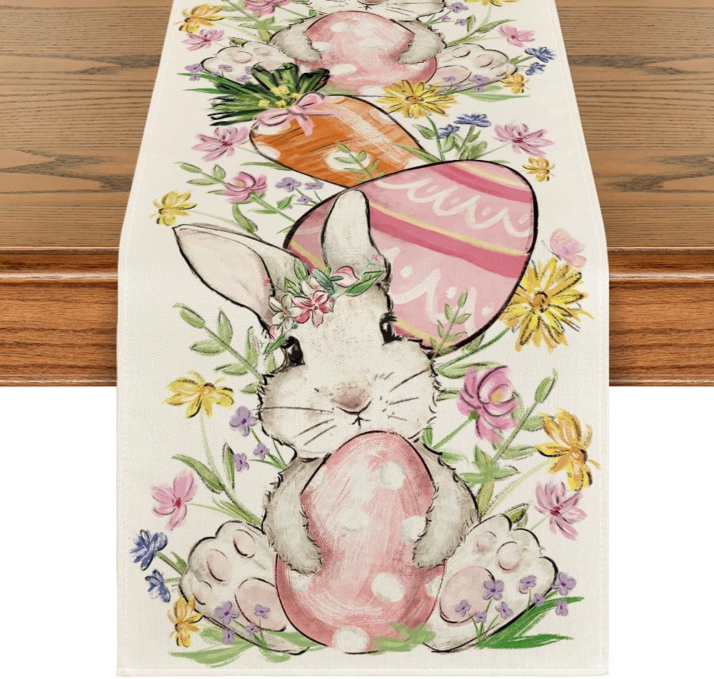 Bunny Rabbit Egg Flower Easter Table Runner, Seasonal Spring Kitchen Dining Table Decoration for Home Party Decor 13x72 Inch - Image 1