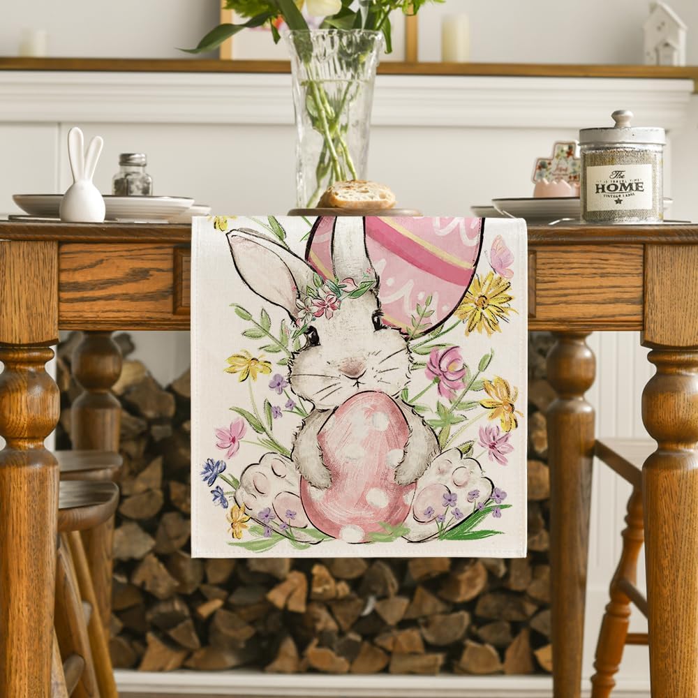 Bunny Rabbit Egg Flower Easter Table Runner, Seasonal Spring Kitchen Dining Table Decoration for Home Party Decor 13x72 Inch - Image 2