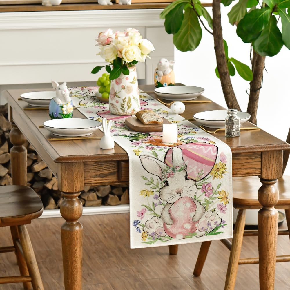 Bunny Rabbit Egg Flower Easter Table Runner, Seasonal Spring Kitchen Dining Table Decoration for Home Party Decor 13x72 Inch - Image 3