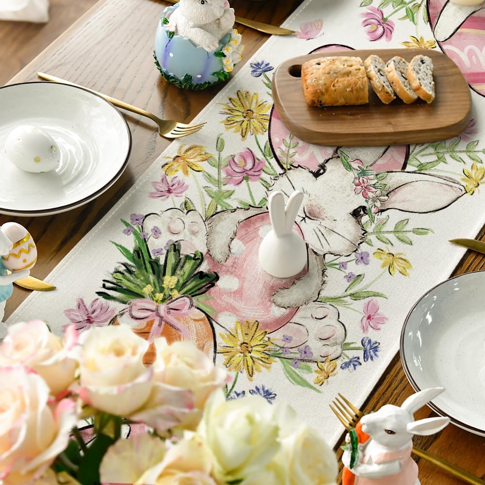 Bunny Rabbit Egg Flower Easter Table Runner, Seasonal Spring Kitchen Dining Table Decoration for Home Party Decor 13x72 Inch - Image 4