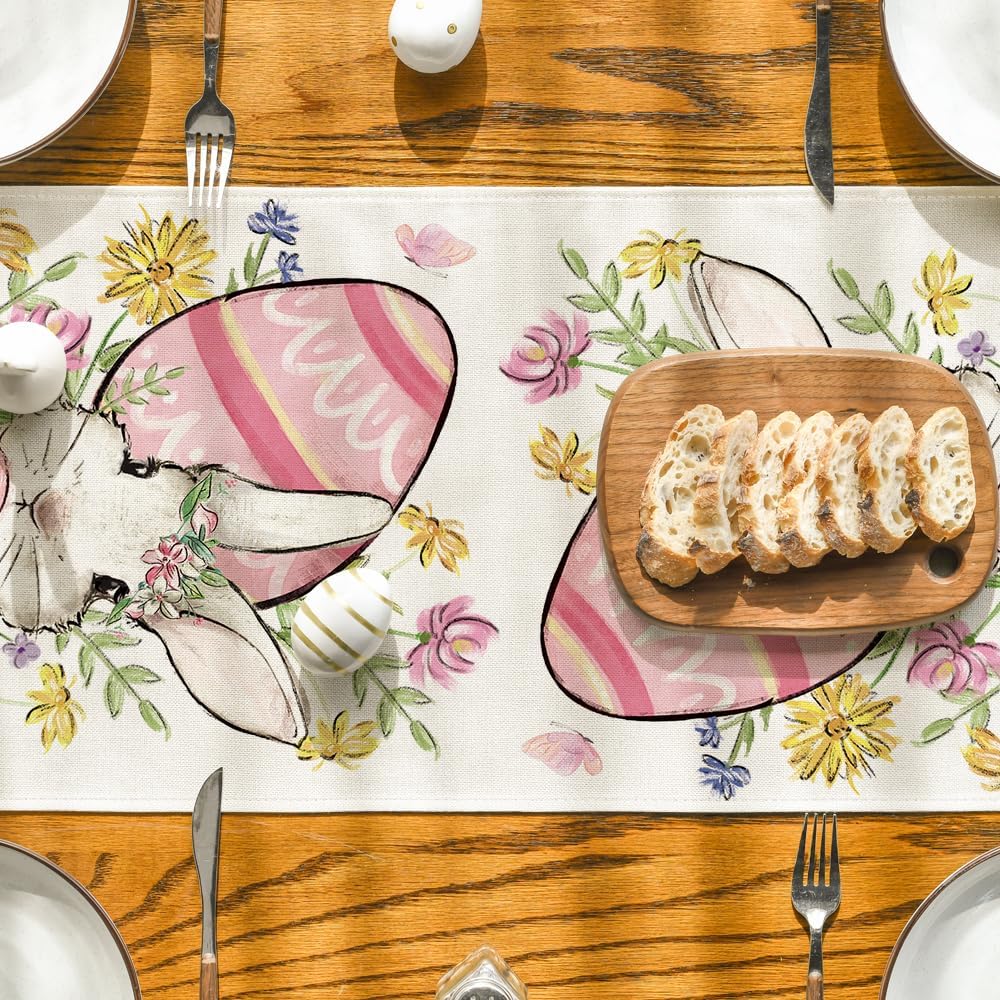 Bunny Rabbit Egg Flower Easter Table Runner, Seasonal Spring Kitchen Dining Table Decoration for Home Party Decor 13x72 Inch - Image 7