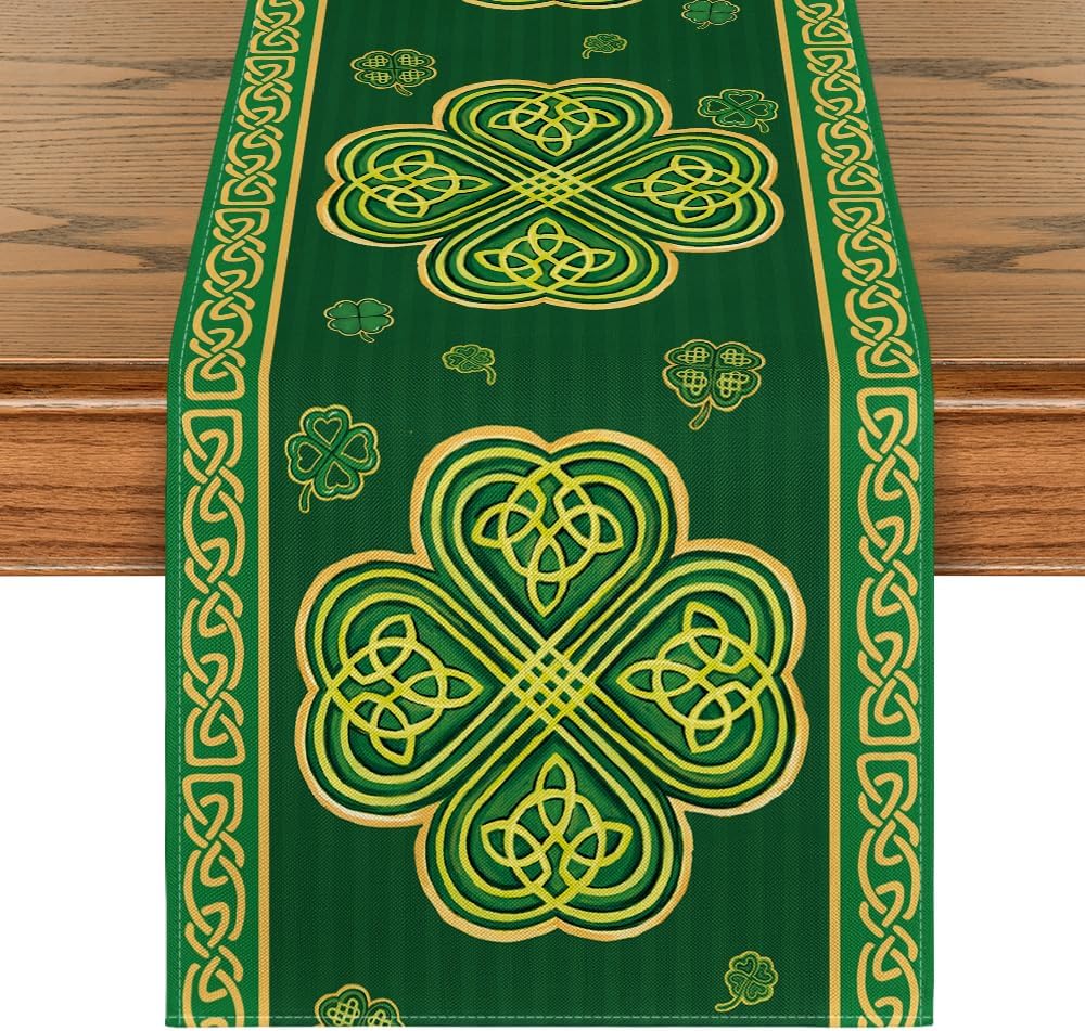 Green Stripes Shamrocks 210 GSM St.Patrick's Day Table Runner, Seasonal Spring Kitchen Dining Table Runner for Home Party Decor 13x72 Inch - Image 1