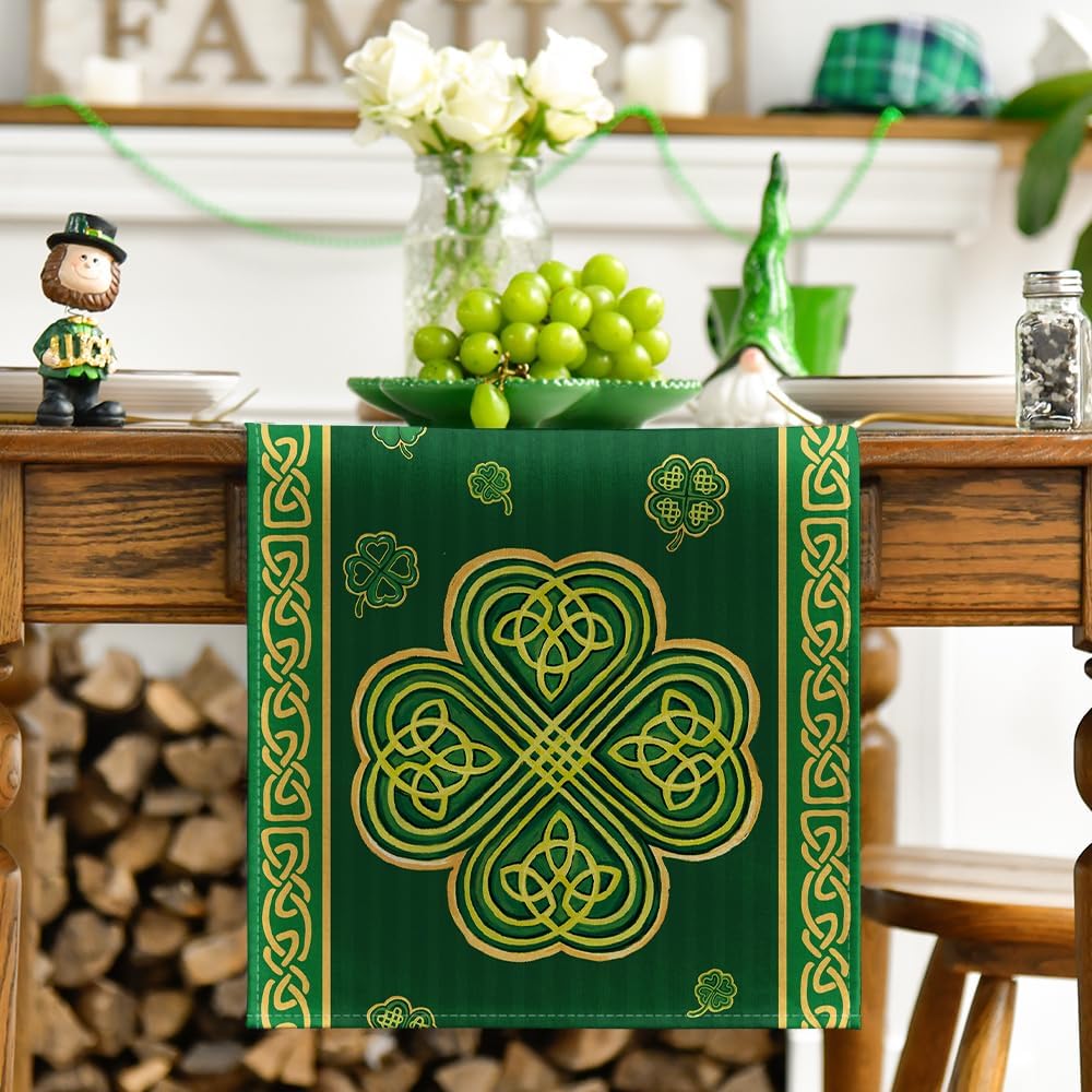 Green Stripes Shamrocks 210 GSM St.Patrick's Day Table Runner, Seasonal Spring Kitchen Dining Table Runner for Home Party Decor 13x72 Inch - Image 2