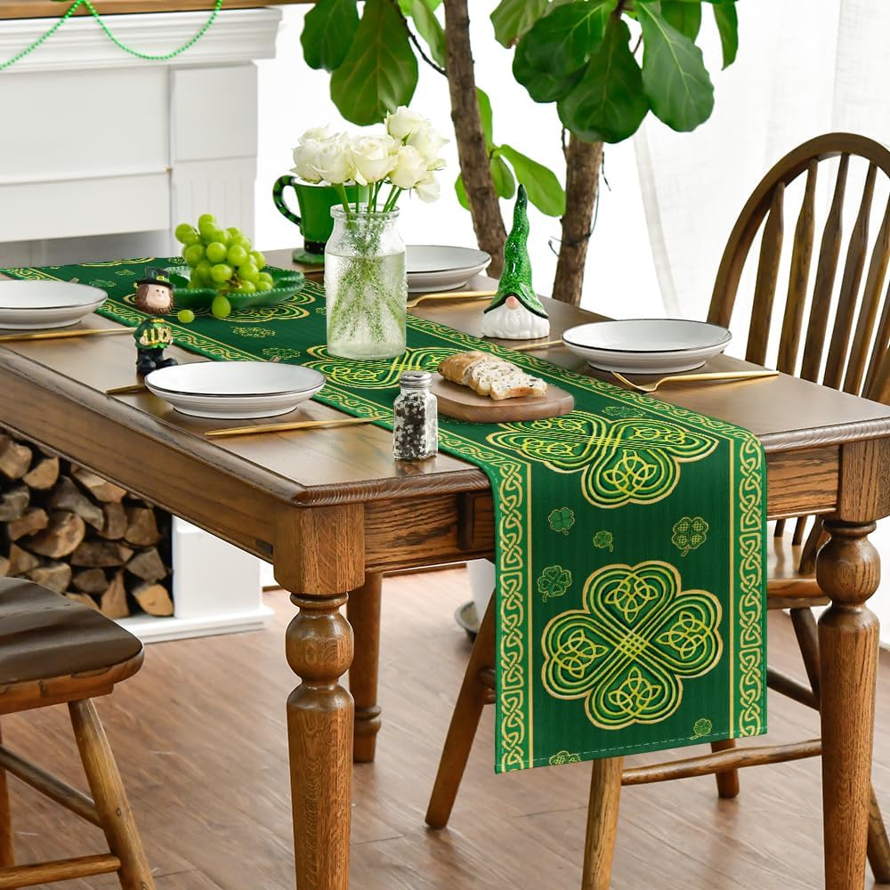 Green Stripes Shamrocks 210 GSM St.Patrick's Day Table Runner, Seasonal Spring Kitchen Dining Table Runner for Home Party Decor 13x72 Inch - Image 3