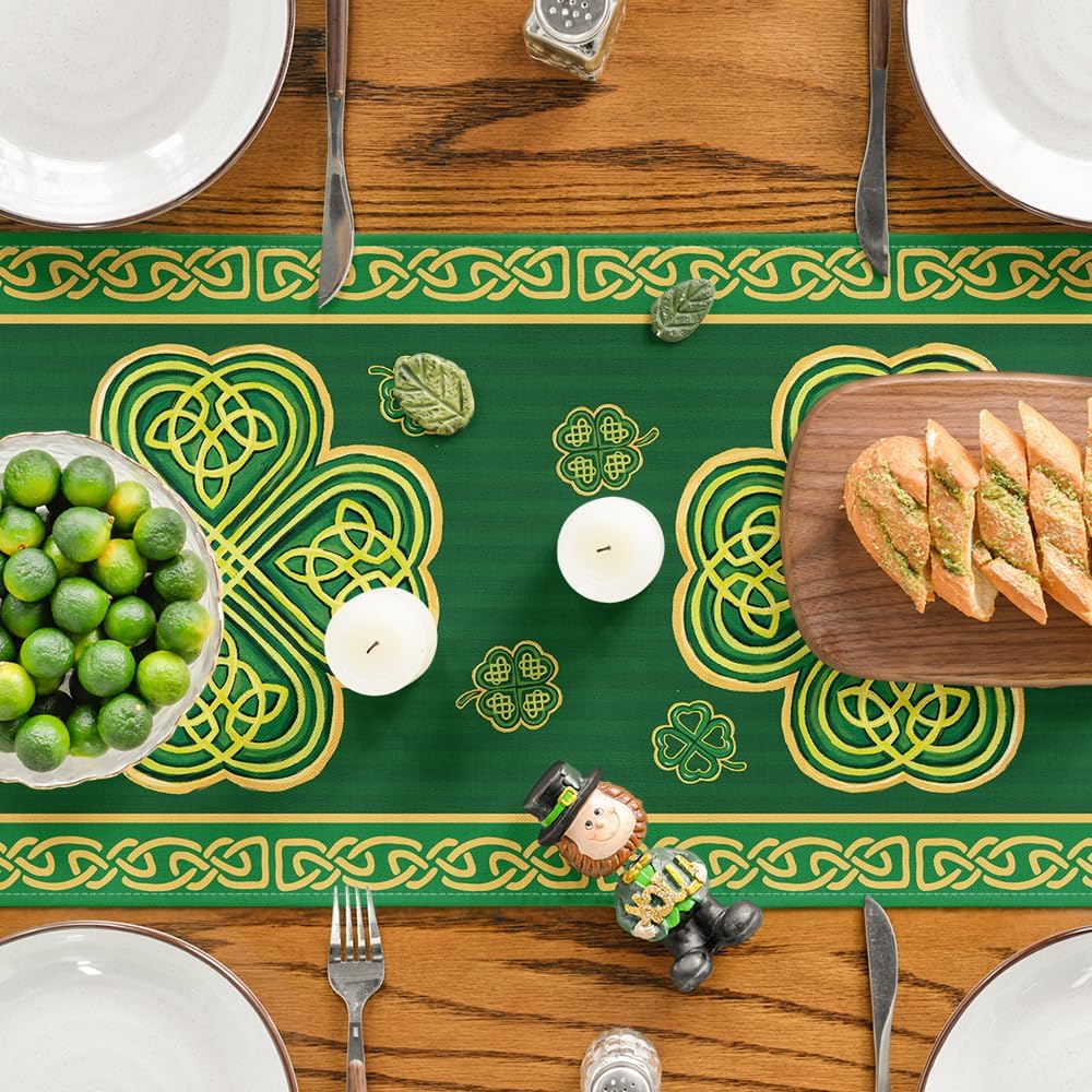 Green Stripes Shamrocks 210 GSM St.Patrick's Day Table Runner, Seasonal Spring Kitchen Dining Table Runner for Home Party Decor 13x72 Inch - Image 4