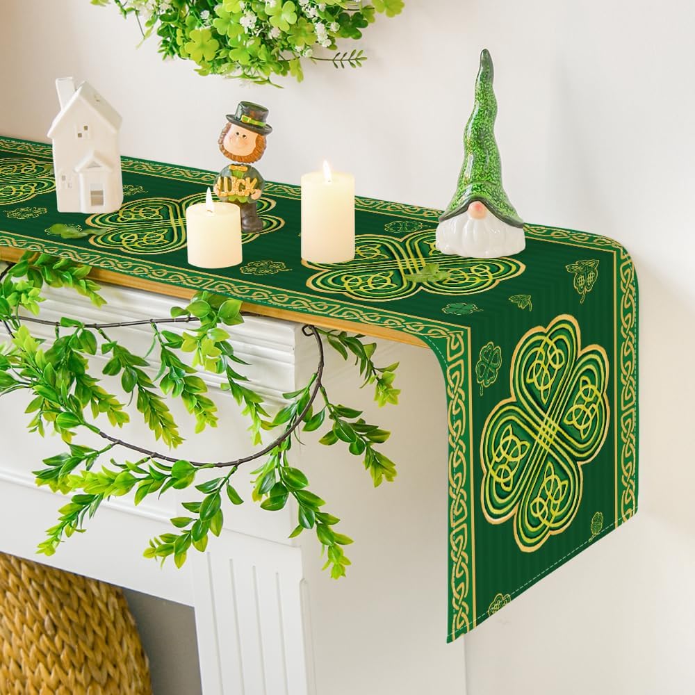 Green Stripes Shamrocks 210 GSM St.Patrick's Day Table Runner, Seasonal Spring Kitchen Dining Table Runner for Home Party Decor 13x72 Inch - Image 7