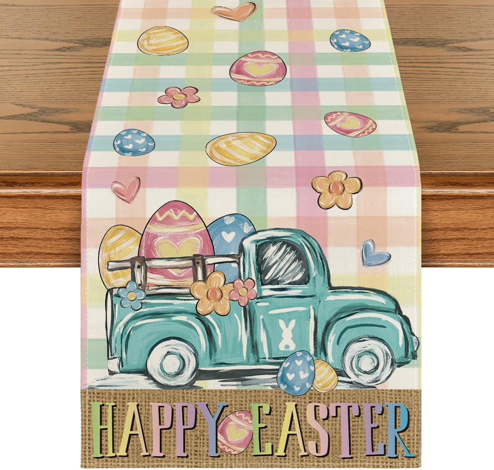 Pink Yellow Buffalo Plaid Carrot Egg Truck Daisy Happy Easter Table Runner, Seasonal Kitchen Dining Table Decoration for Indoor Home Party 13x72 Inch - Image 1