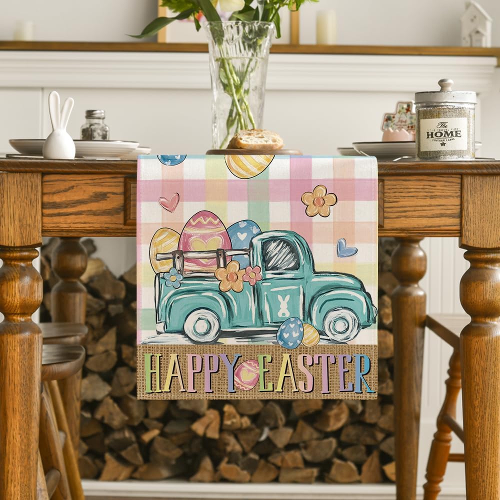 Pink Yellow Buffalo Plaid Carrot Egg Truck Daisy Happy Easter Table Runner, Seasonal Kitchen Dining Table Decoration for Indoor Home Party 13x72 Inch - Image 2