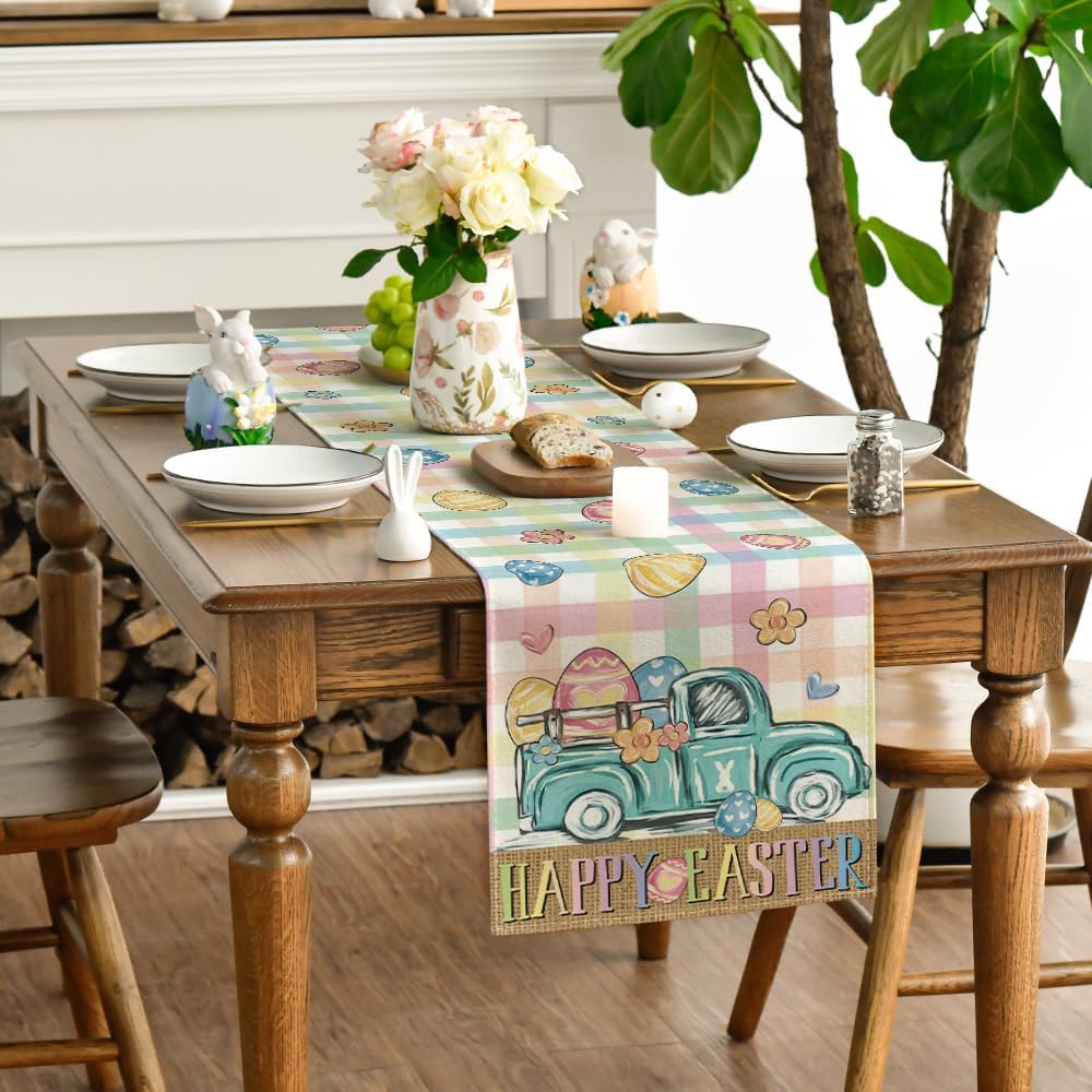Pink Yellow Buffalo Plaid Carrot Egg Truck Daisy Happy Easter Table Runner, Seasonal Kitchen Dining Table Decoration for Indoor Home Party 13x72 Inch - Image 3