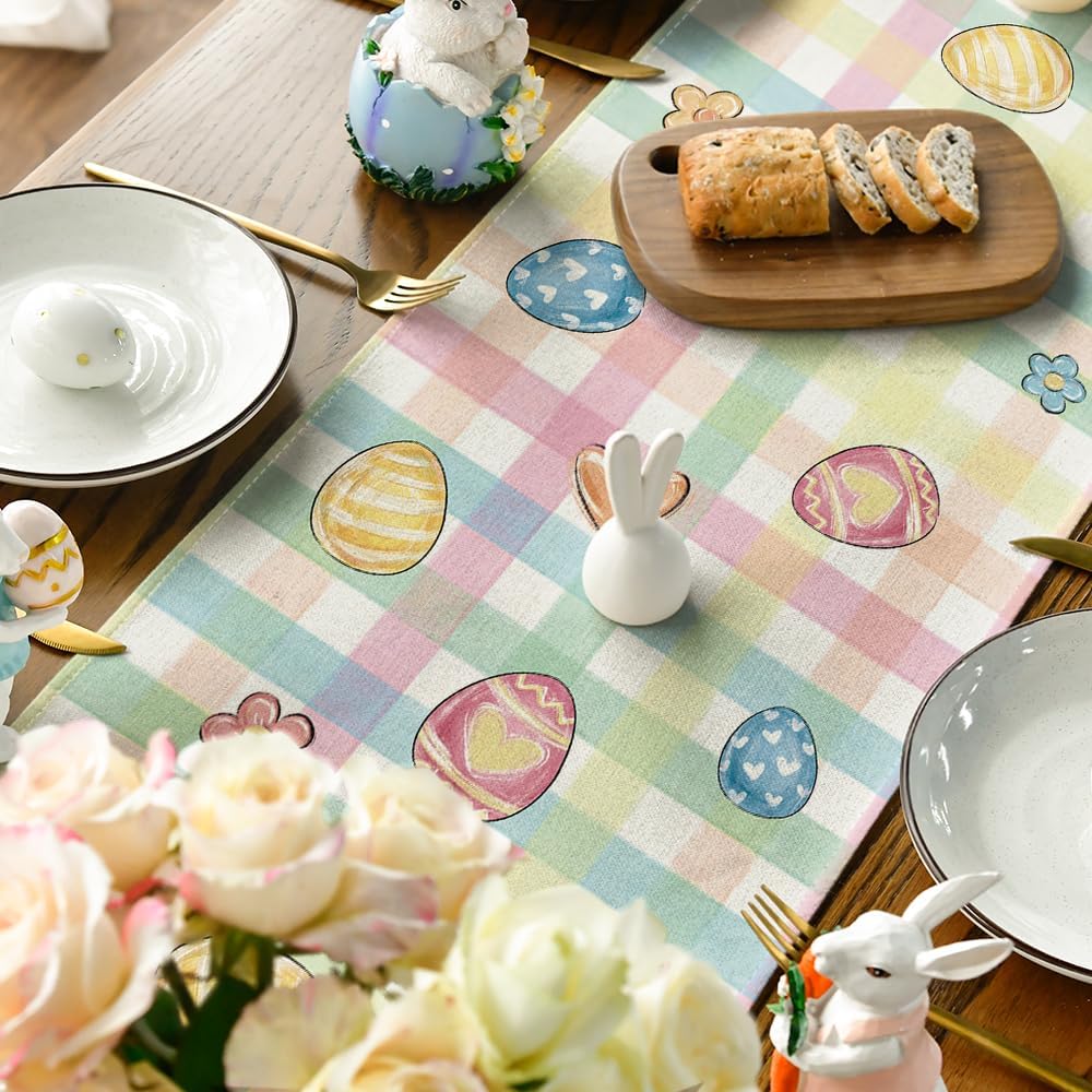 Pink Yellow Buffalo Plaid Carrot Egg Truck Daisy Happy Easter Table Runner, Seasonal Kitchen Dining Table Decoration for Indoor Home Party 13x72 Inch - Image 4
