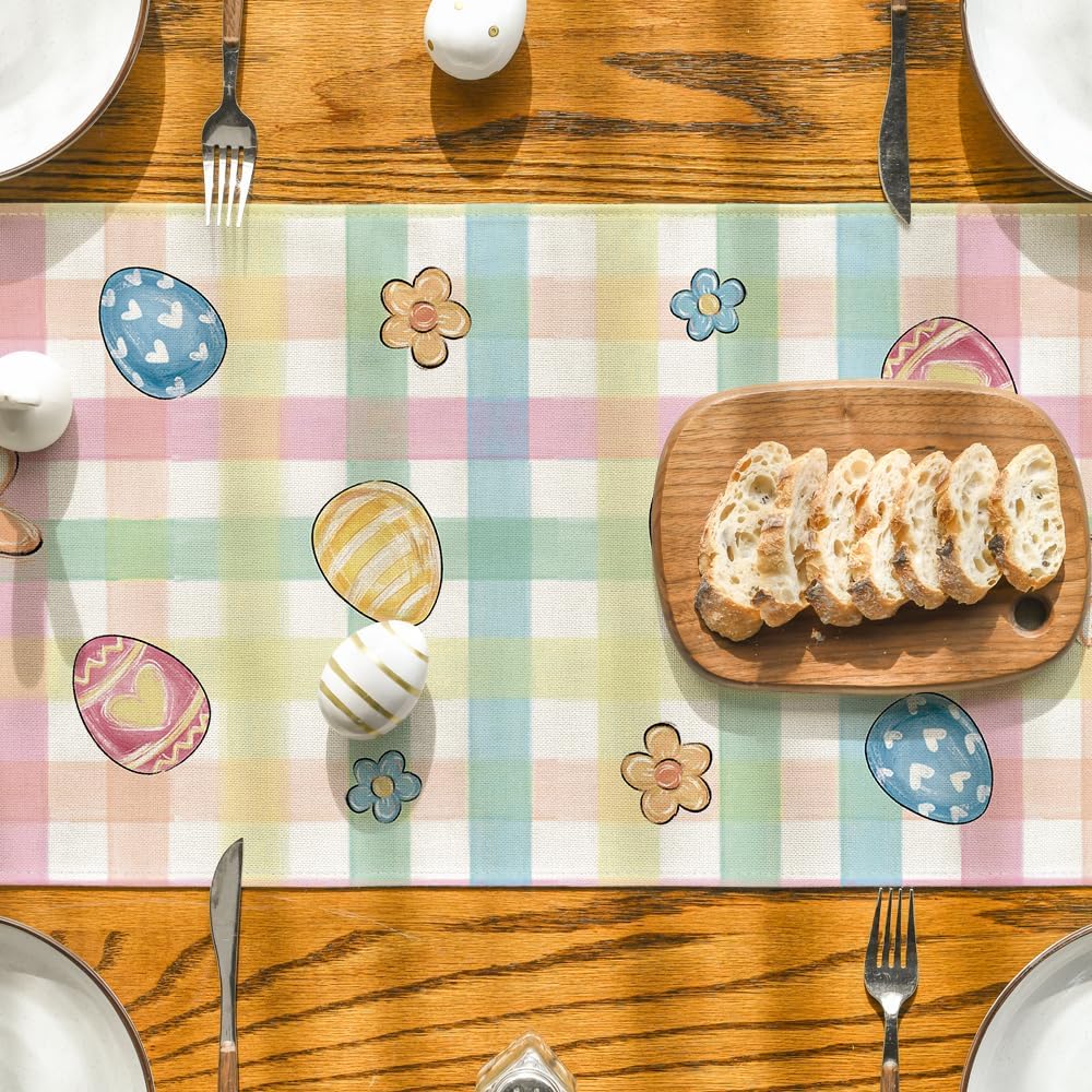 Pink Yellow Buffalo Plaid Carrot Egg Truck Daisy Happy Easter Table Runner, Seasonal Kitchen Dining Table Decoration for Indoor Home Party 13x72 Inch - Image 7