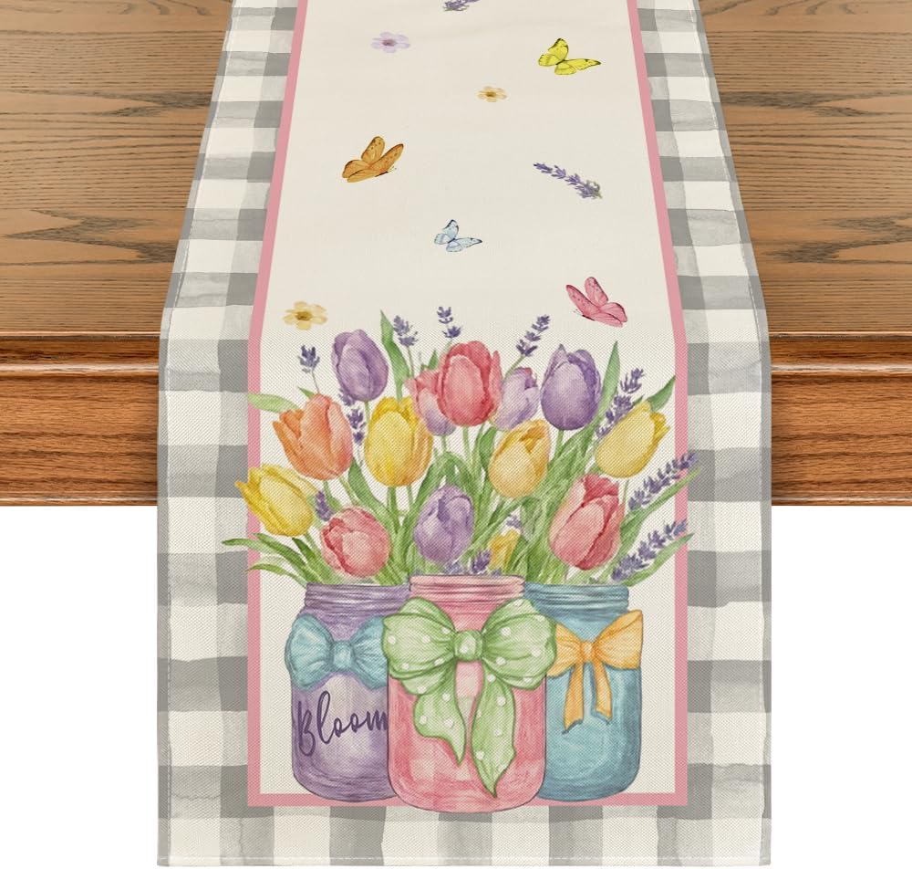 Buffalo Plaid Vase Lavender Tulip Spring Table Runner, Seasonal Kitchen Dining Table Decoration for Home Party Decor 13x72 Inch - Image 1