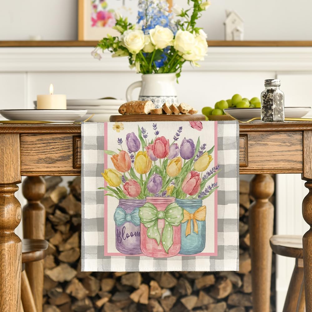 Buffalo Plaid Vase Lavender Tulip Spring Table Runner, Seasonal Kitchen Dining Table Decoration for Home Party Decor 13x72 Inch - Image 2
