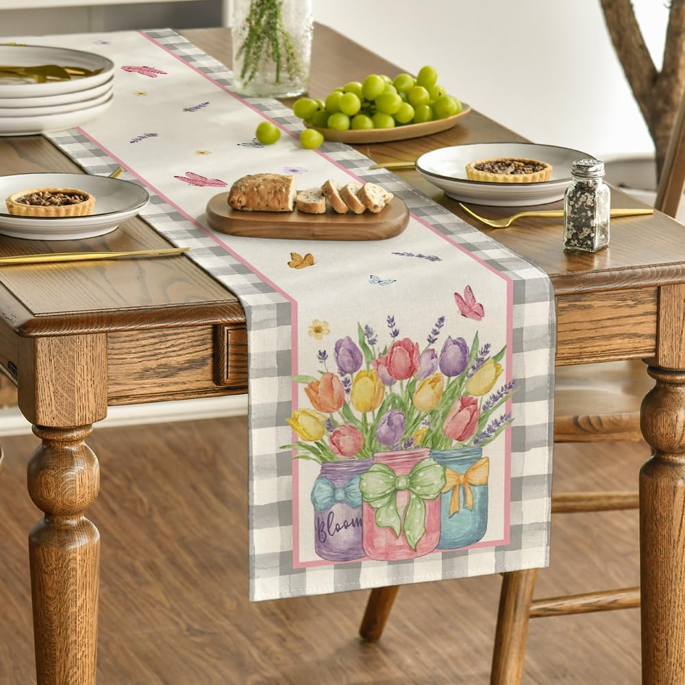 Buffalo Plaid Vase Lavender Tulip Spring Table Runner, Seasonal Kitchen Dining Table Decoration for Home Party Decor 13x72 Inch - Image 3