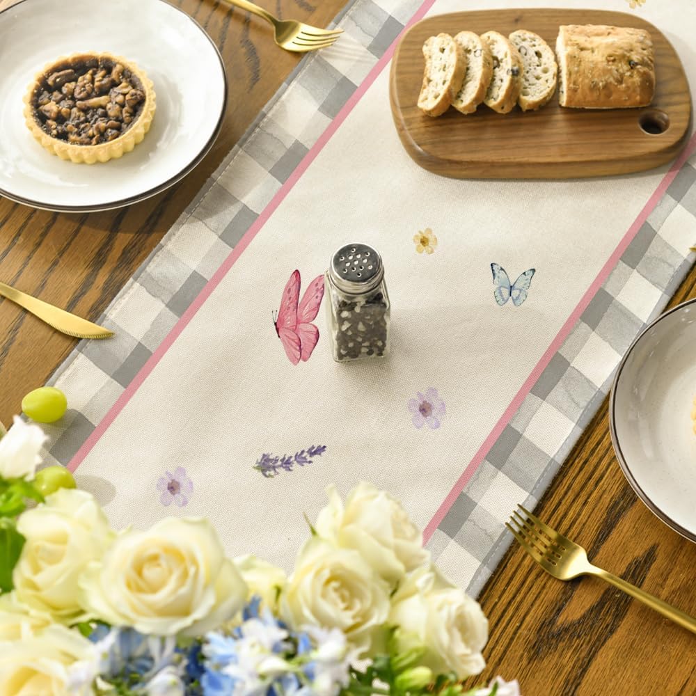 Buffalo Plaid Vase Lavender Tulip Spring Table Runner, Seasonal Kitchen Dining Table Decoration for Home Party Decor 13x72 Inch - Image 4