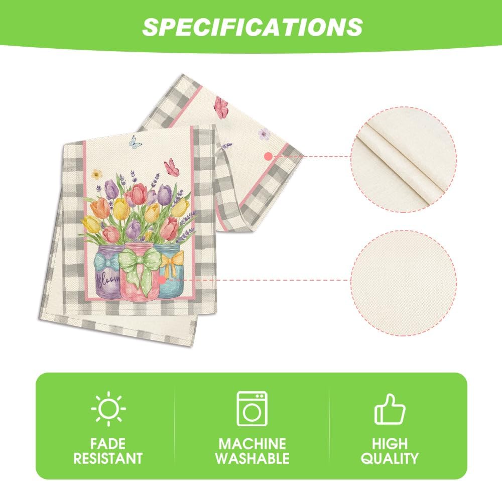 Buffalo Plaid Vase Lavender Tulip Spring Table Runner, Seasonal Kitchen Dining Table Decoration for Home Party Decor 13x72 Inch - Image 5