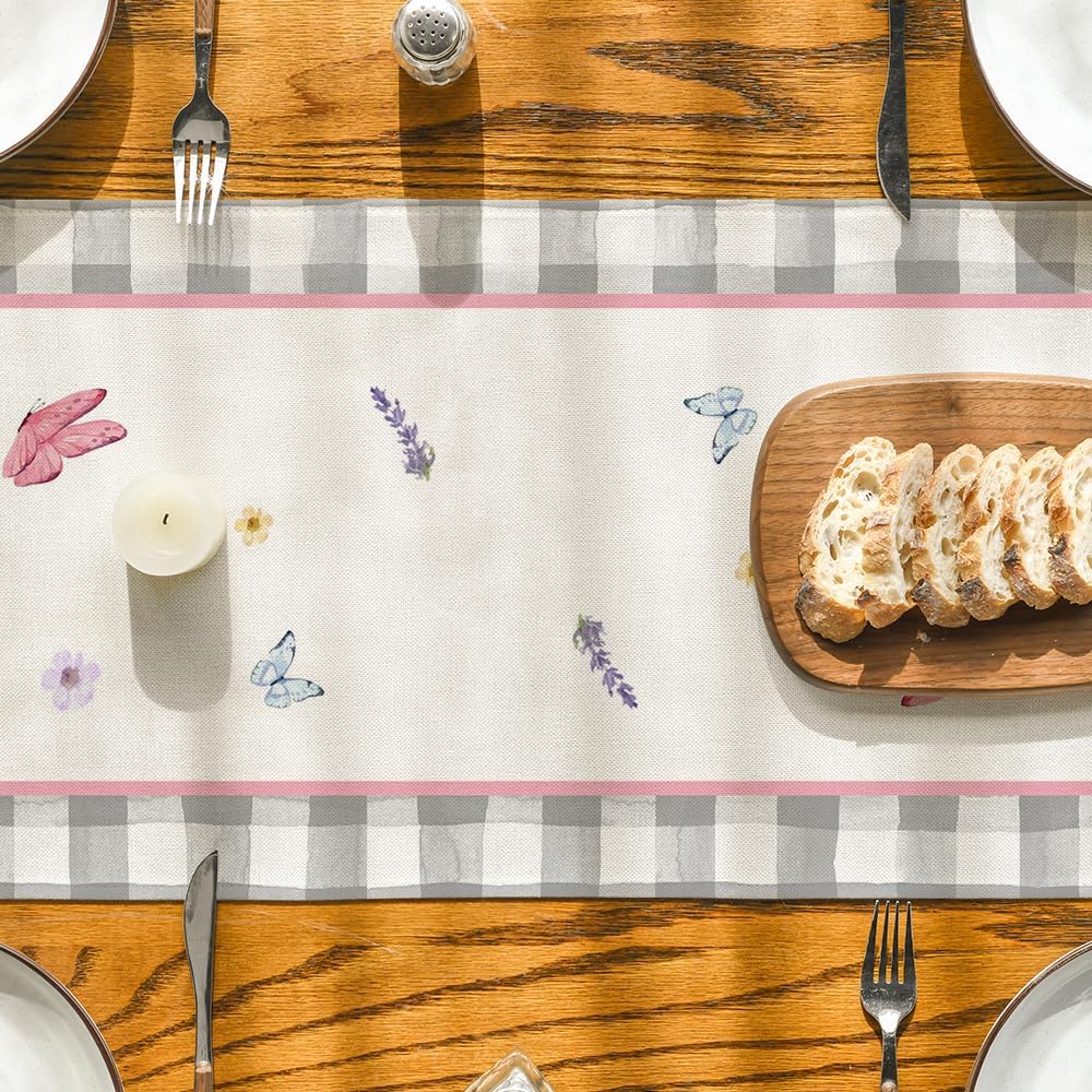 Buffalo Plaid Vase Lavender Tulip Spring Table Runner, Seasonal Kitchen Dining Table Decoration for Home Party Decor 13x72 Inch - Image 7