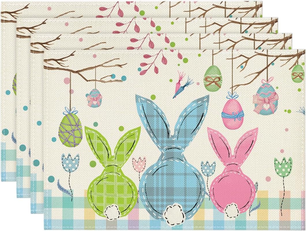 Buffalo Plaid Bunny Egg Carrot Easter Placemats Set of 4, 12x18 Inch Seasonal Spring Table Mats for Party Kitchen Dining Decoration - Image 1