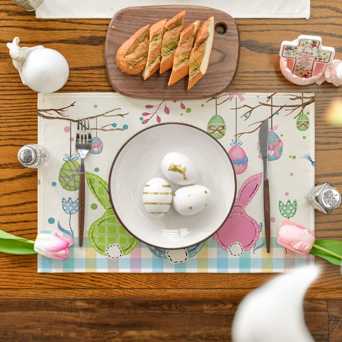 Buffalo Plaid Bunny Egg Carrot Easter Placemats Set of 4, 12x18 Inch Seasonal Spring Table Mats for Party Kitchen Dining Decoration - Image 2