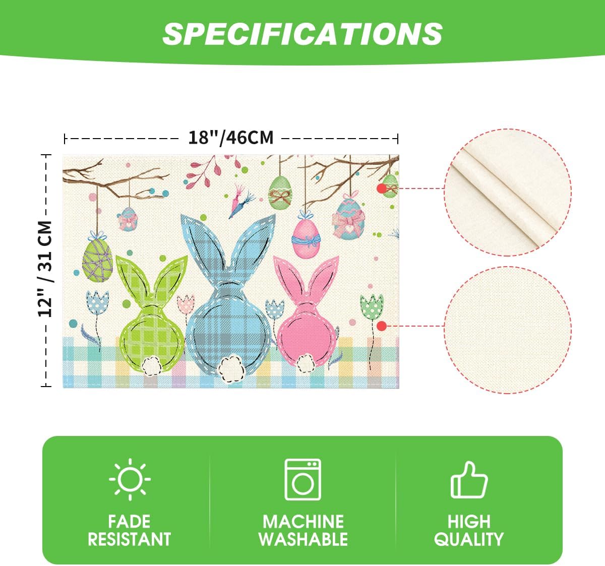 Buffalo Plaid Bunny Egg Carrot Easter Placemats Set of 4, 12x18 Inch Seasonal Spring Table Mats for Party Kitchen Dining Decoration - Image 6