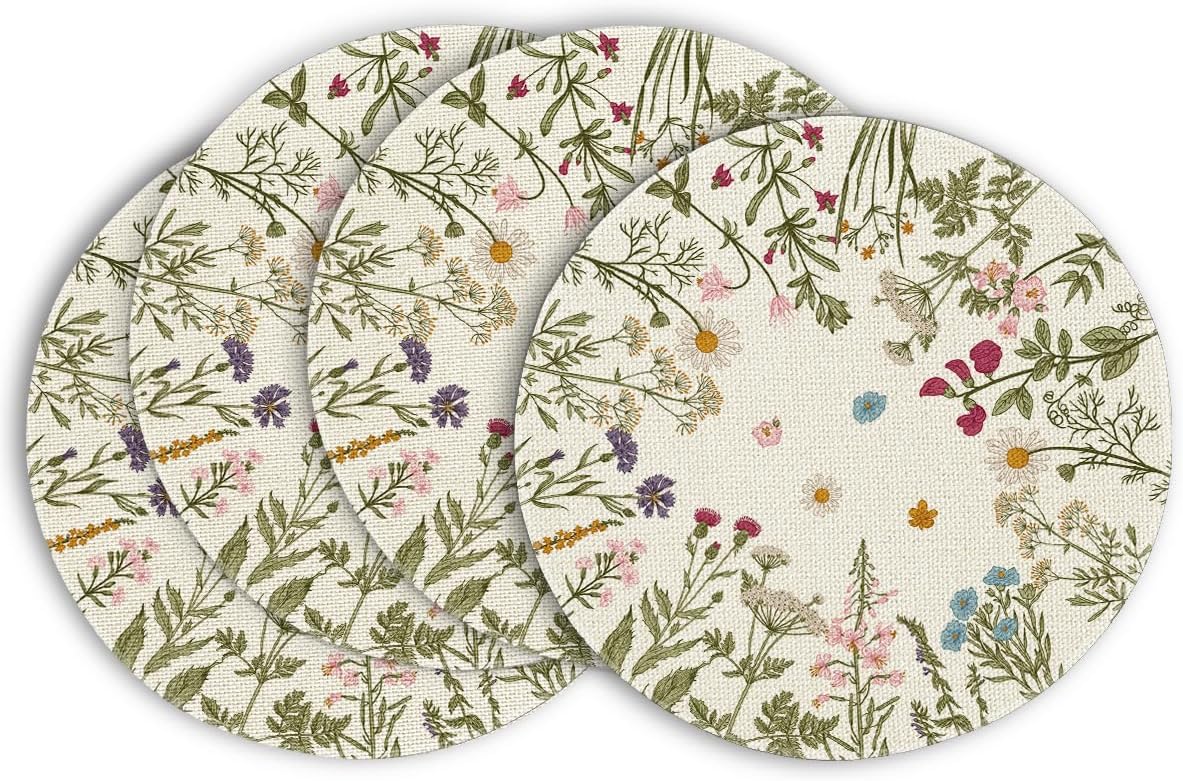 Antique Herbs Wild Flowers Spring Placemats Set of 4, 14 Inch Summer Round Table Mats for Dining Decoration - Image 1