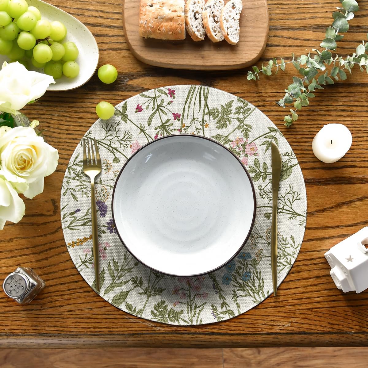 Antique Herbs Wild Flowers Spring Placemats Set of 4, 14 Inch Summer Round Table Mats for Dining Decoration - Image 2