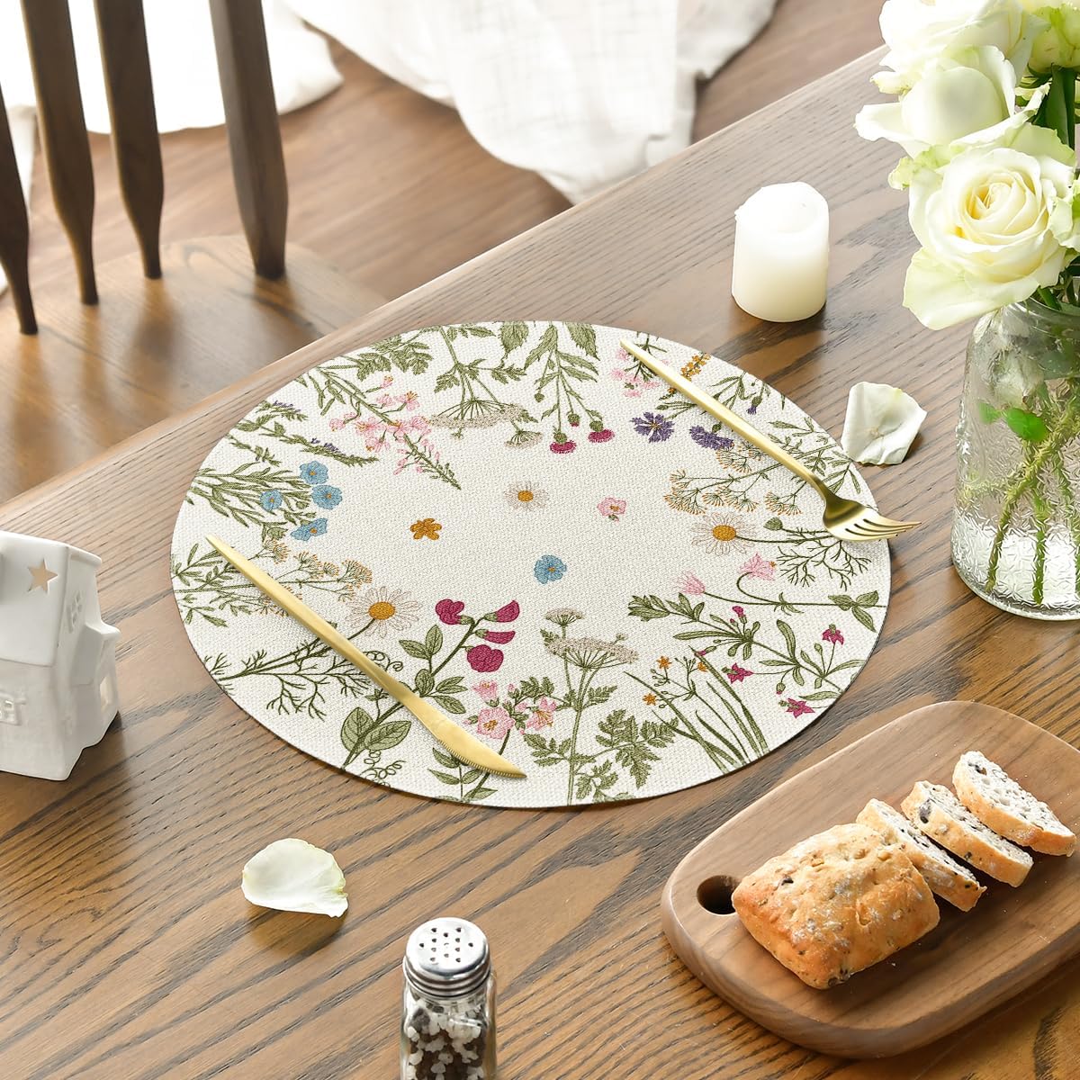 Antique Herbs Wild Flowers Spring Placemats Set of 4, 14 Inch Summer Round Table Mats for Dining Decoration - Image 3