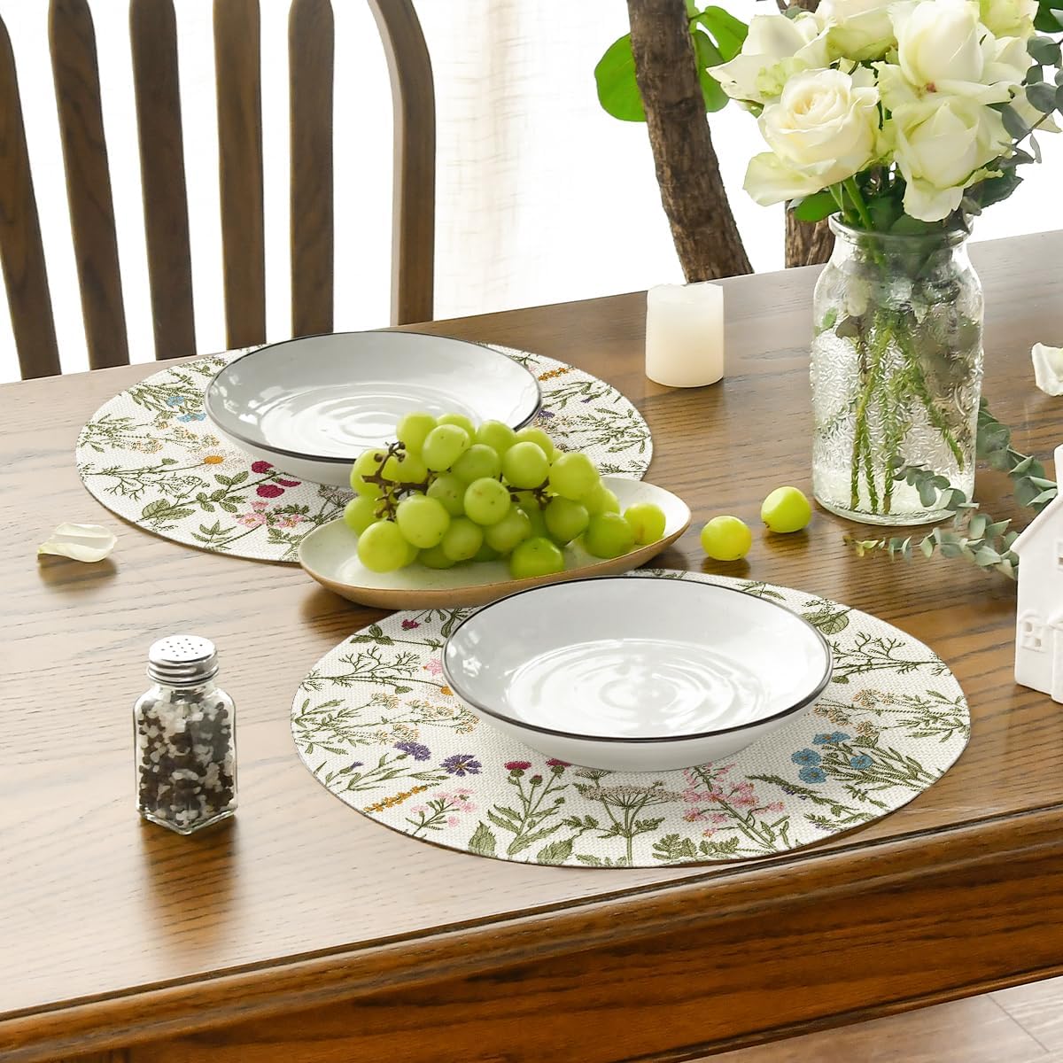 Antique Herbs Wild Flowers Spring Placemats Set of 4, 14 Inch Summer Round Table Mats for Dining Decoration - Image 4