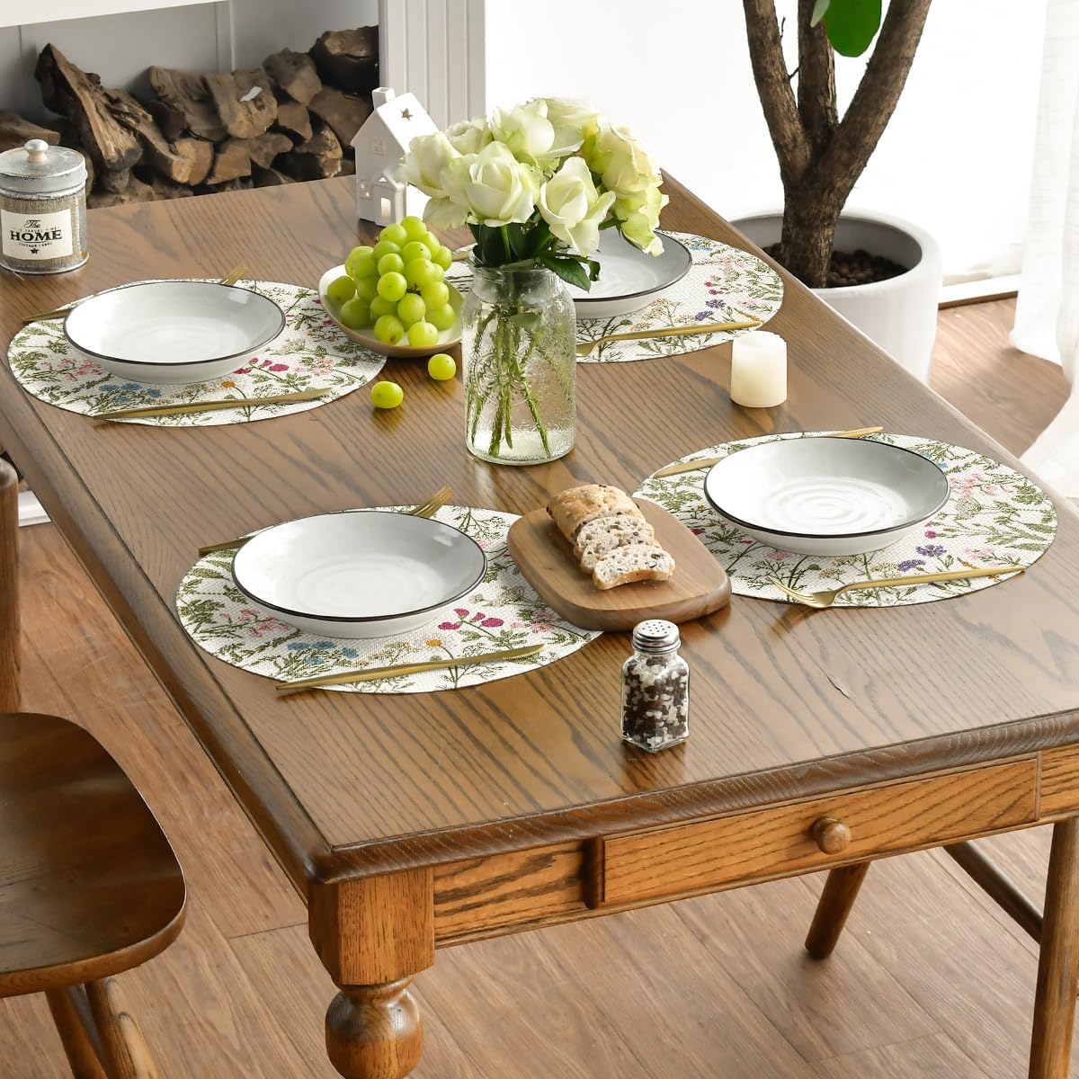 Antique Herbs Wild Flowers Spring Placemats Set of 4, 14 Inch Summer Round Table Mats for Dining Decoration - Image 5