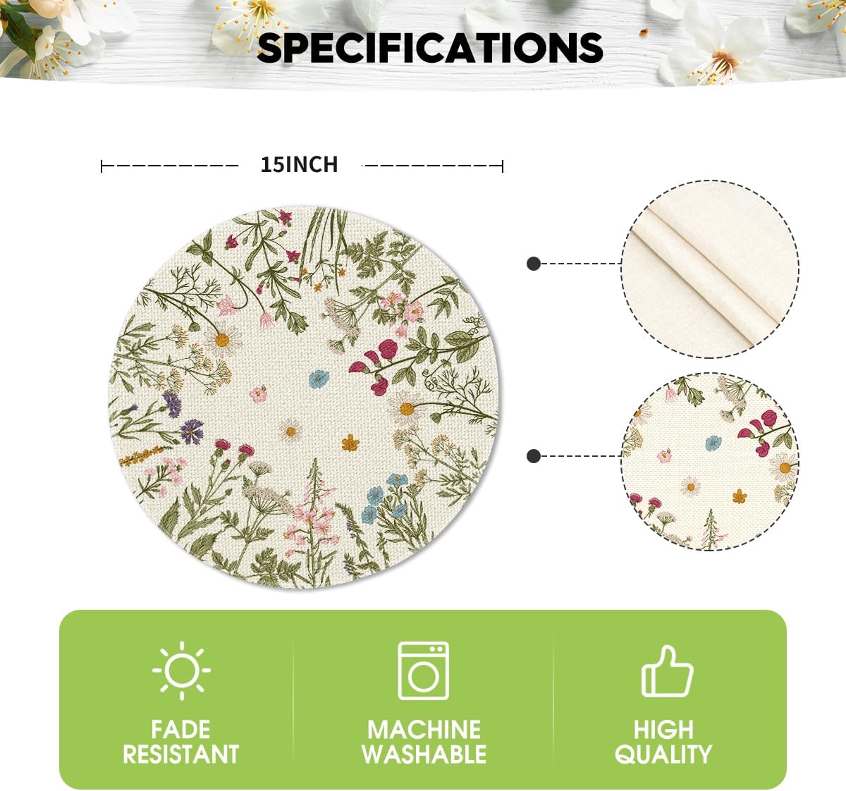 Antique Herbs Wild Flowers Spring Placemats Set of 4, 14 Inch Summer Round Table Mats for Dining Decoration - Image 6