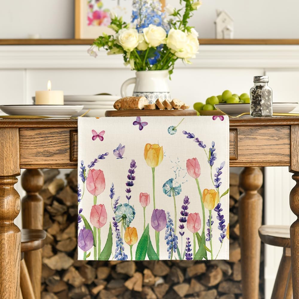 Lavender Tulip Summer Table Runner, Spring Seasonal Anniversary Holiday Kitchen Dining Table Decoration for Indoor Outdoor Home Party Decor 13 x 72 Inch - Image 2