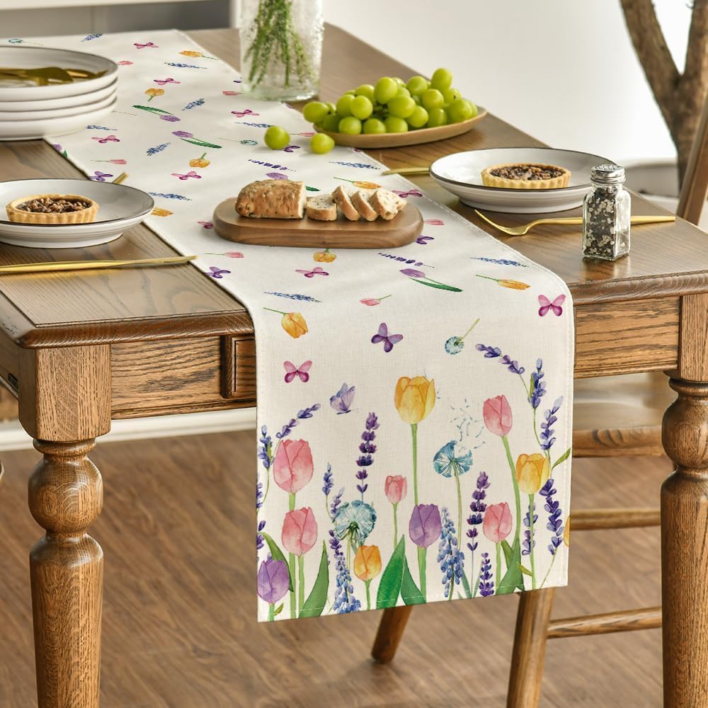 Lavender Tulip Summer Table Runner, Spring Seasonal Anniversary Holiday Kitchen Dining Table Decoration for Indoor Outdoor Home Party Decor 13 x 72 Inch - Image 3