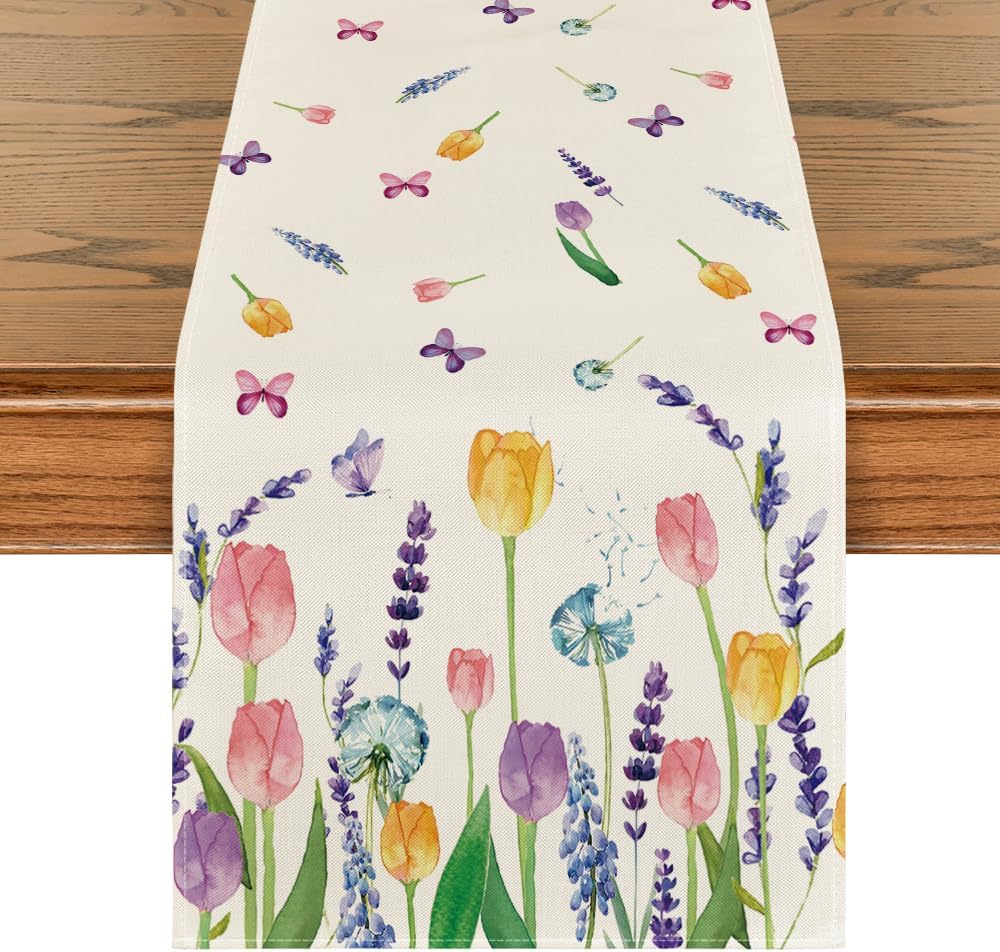 Lavender Tulip Summer Table Runner, Spring Seasonal Anniversary Holiday Kitchen Dining Table Decoration for Indoor Outdoor Home Party Decor 13 x 72 Inch - Image 8