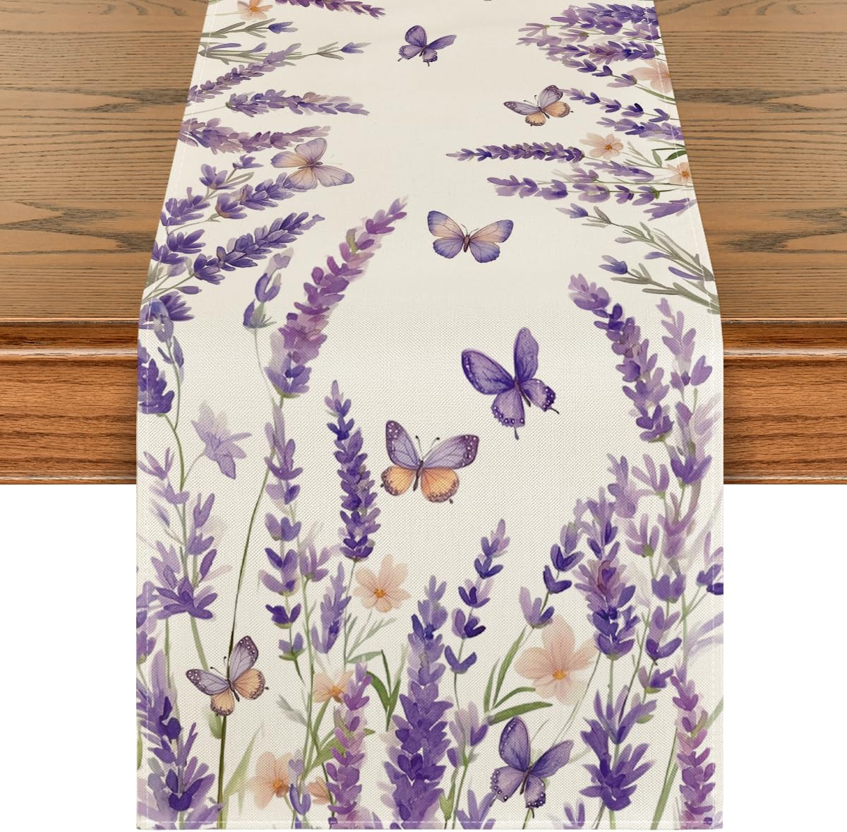 Purple Lavender Floral Butterflies Spring Table Runner, Seasonal Summer Kitchen Dining Table Decoration for Home Party Decor 13x72 Inch - Image 1