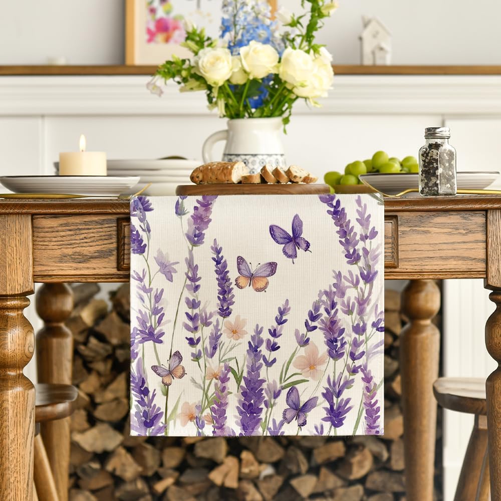 Purple Lavender Floral Butterflies Spring Table Runner, Seasonal Summer Kitchen Dining Table Decoration for Home Party Decor 13x72 Inch - Image 2