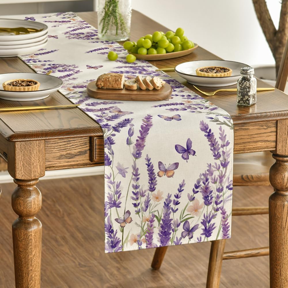 Purple Lavender Floral Butterflies Spring Table Runner, Seasonal Summer Kitchen Dining Table Decoration for Home Party Decor 13x72 Inch - Image 3