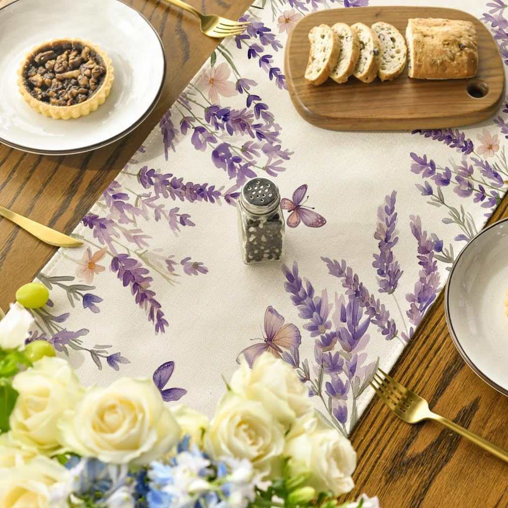 Purple Lavender Floral Butterflies Spring Table Runner, Seasonal Summer Kitchen Dining Table Decoration for Home Party Decor 13x72 Inch - Image 4