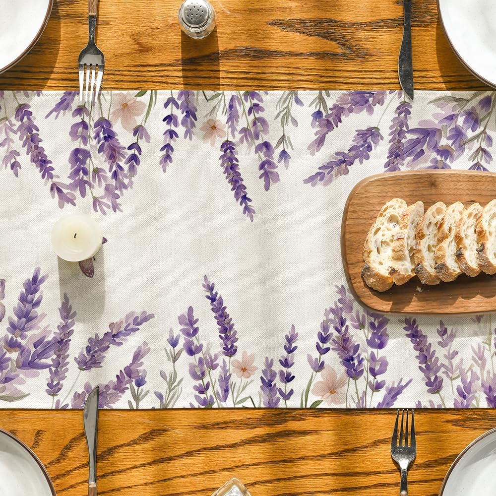 Purple Lavender Floral Butterflies Spring Table Runner, Seasonal Summer Kitchen Dining Table Decoration for Home Party Decor 13x72 Inch - Image 7
