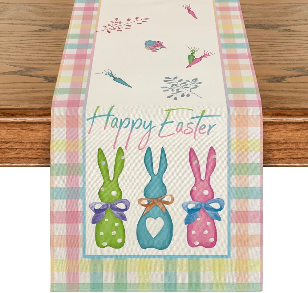Green Blue Pink Buffalo Plaid Bunny Happy Easter Table Runner, Spring Kitchen Dining Table Decoration for Home Party Decor 13x72 Inch - Image 1