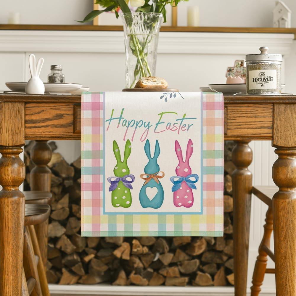 Green Blue Pink Buffalo Plaid Bunny Happy Easter Table Runner, Spring Kitchen Dining Table Decoration for Home Party Decor 13x72 Inch - Image 2