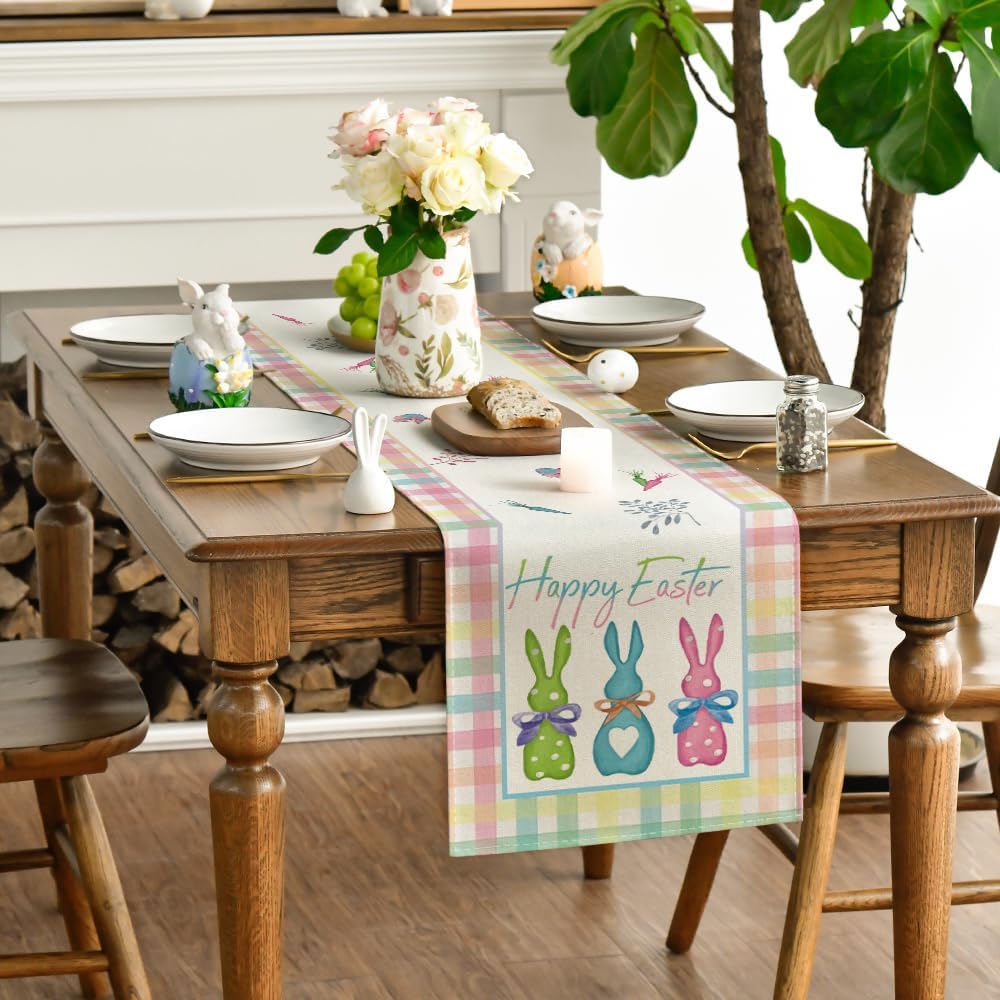 Green Blue Pink Buffalo Plaid Bunny Happy Easter Table Runner, Spring Kitchen Dining Table Decoration for Home Party Decor 13x72 Inch - Image 3
