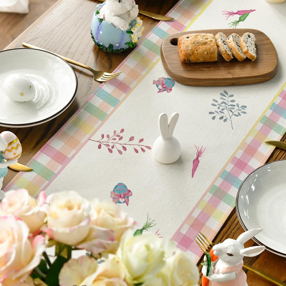 Green Blue Pink Buffalo Plaid Bunny Happy Easter Table Runner, Spring Kitchen Dining Table Decoration for Home Party Decor 13x72 Inch - Image 4
