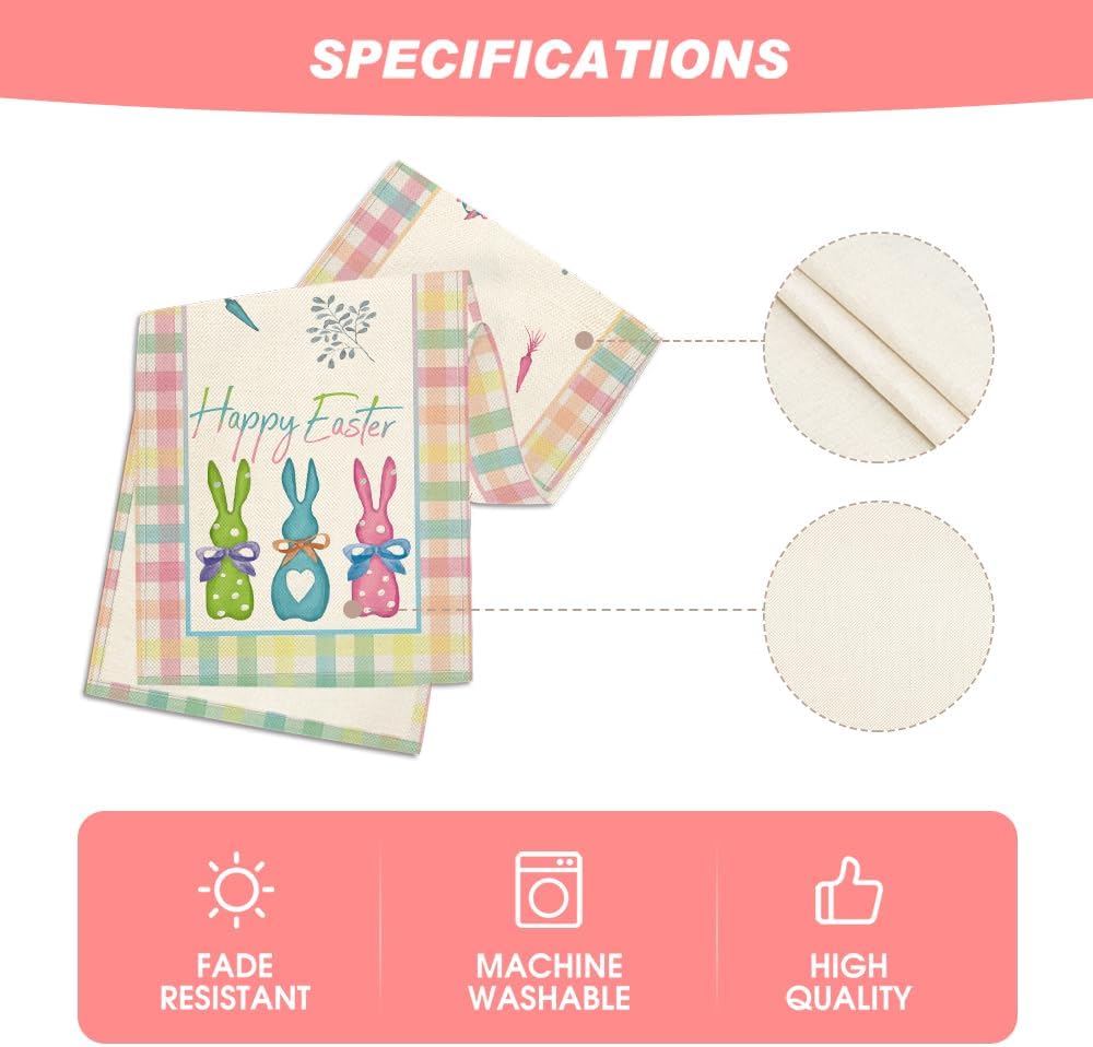 Green Blue Pink Buffalo Plaid Bunny Happy Easter Table Runner, Spring Kitchen Dining Table Decoration for Home Party Decor 13x72 Inch - Image 5