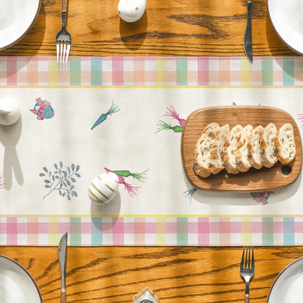 Green Blue Pink Buffalo Plaid Bunny Happy Easter Table Runner, Spring Kitchen Dining Table Decoration for Home Party Decor 13x72 Inch - Image 7