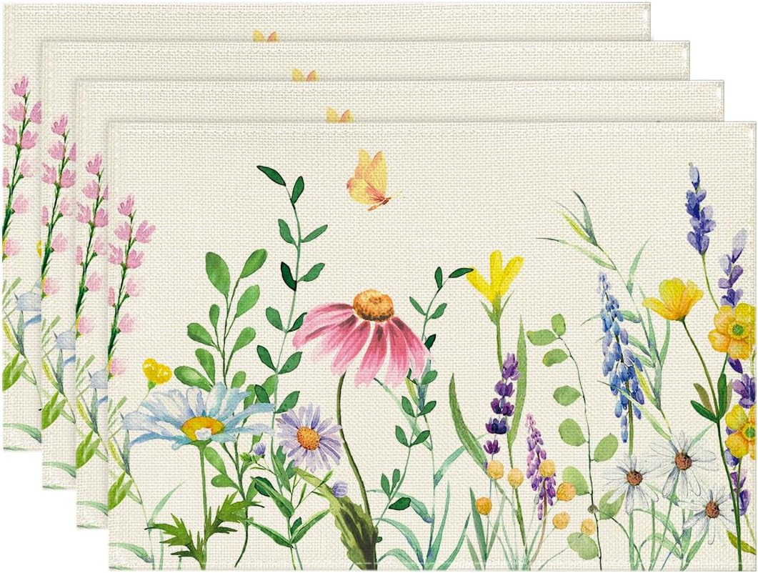 Daisy Eucalyptus Lavender Floral Leaves Spring Placemats Set of 4,12x18 Inch Seasonal Table Mats for Party Kitchen Dining Decoration - Image 1