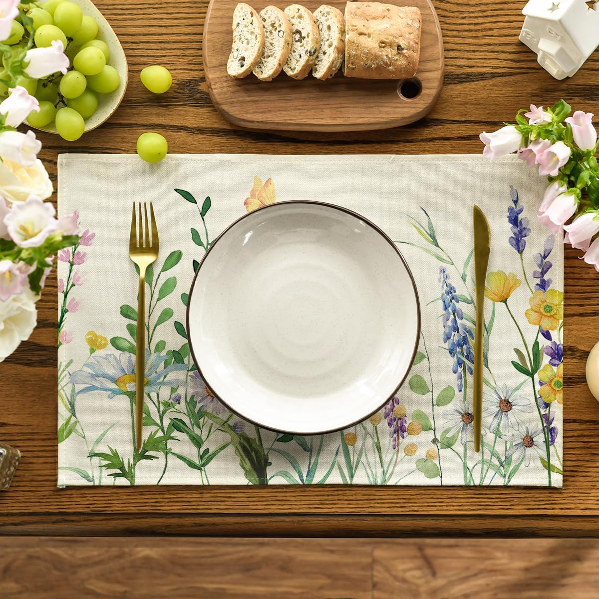Daisy Eucalyptus Lavender Floral Leaves Spring Placemats Set of 4,12x18 Inch Seasonal Table Mats for Party Kitchen Dining Decoration - Image 2