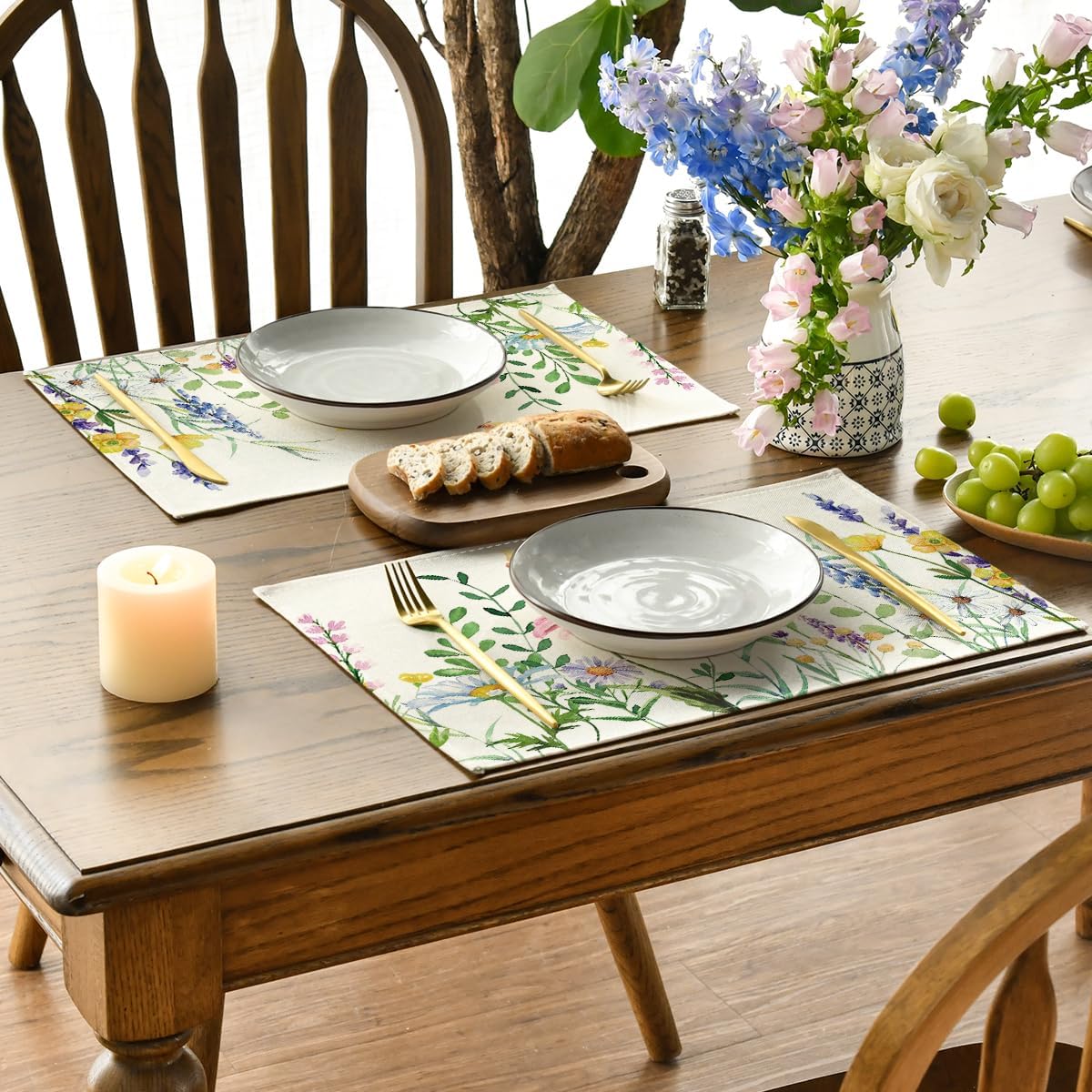 Daisy Eucalyptus Lavender Floral Leaves Spring Placemats Set of 4,12x18 Inch Seasonal Table Mats for Party Kitchen Dining Decoration - Image 3