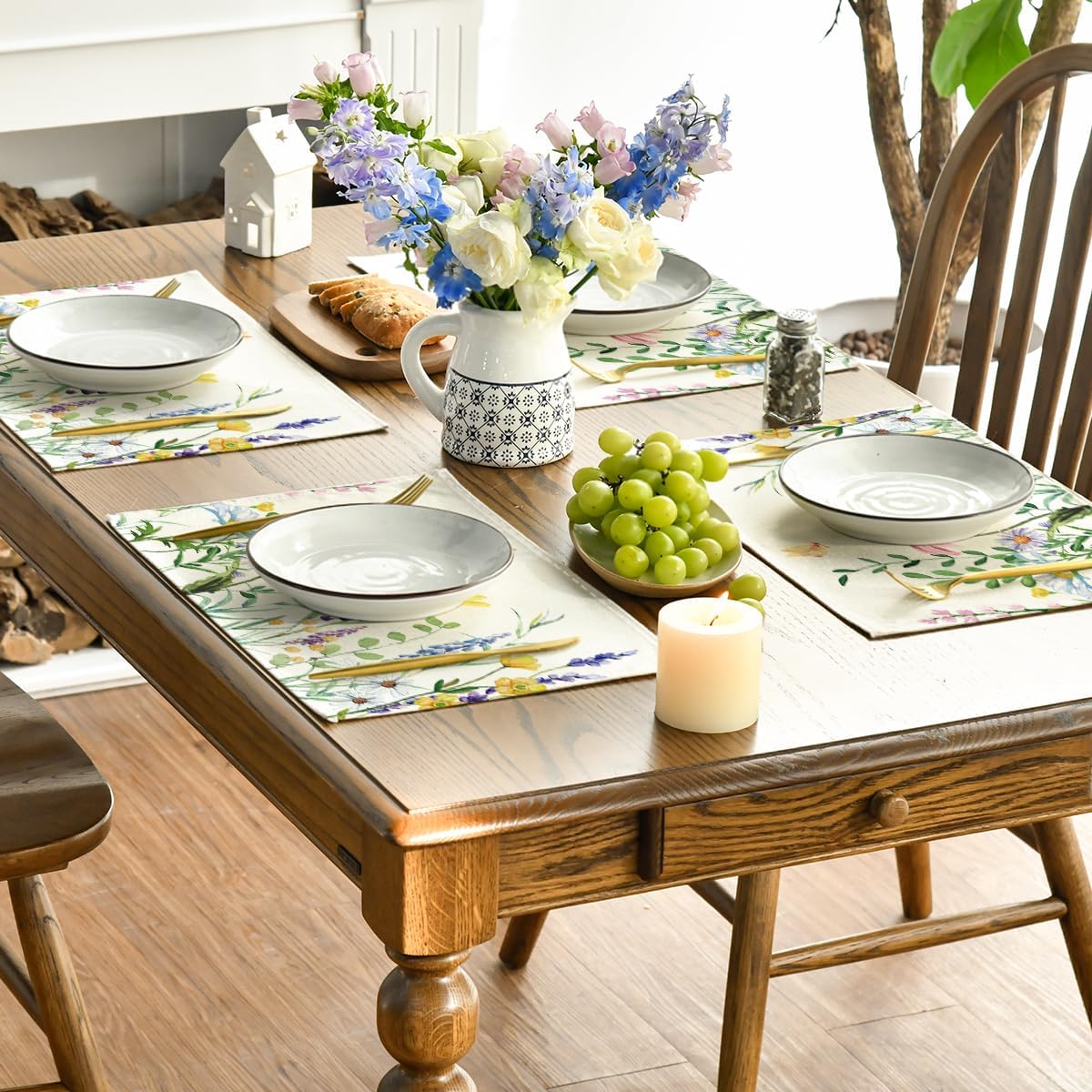 Daisy Eucalyptus Lavender Floral Leaves Spring Placemats Set of 4,12x18 Inch Seasonal Table Mats for Party Kitchen Dining Decoration - Image 4