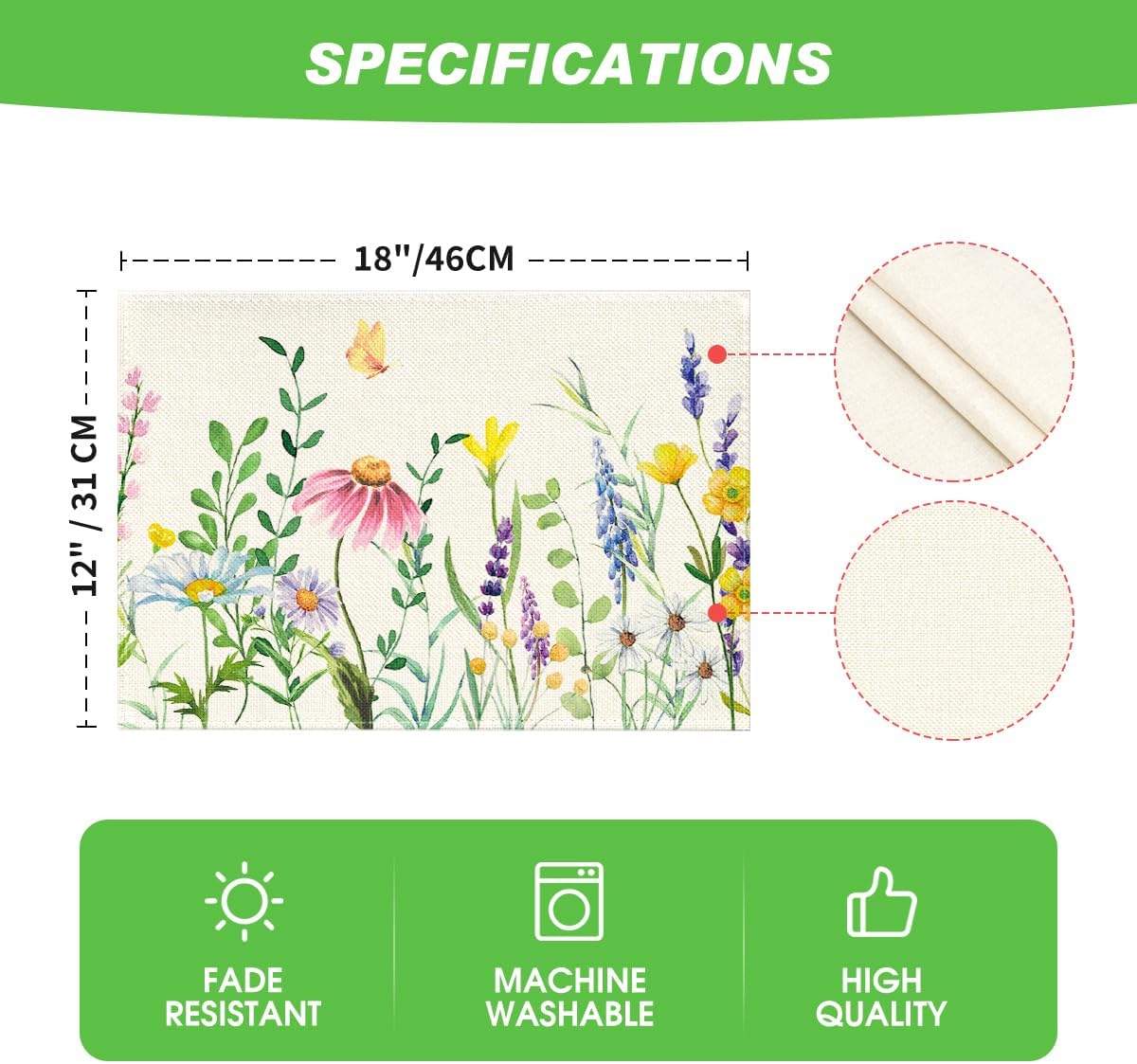 Daisy Eucalyptus Lavender Floral Leaves Spring Placemats Set of 4,12x18 Inch Seasonal Table Mats for Party Kitchen Dining Decoration - Image 6