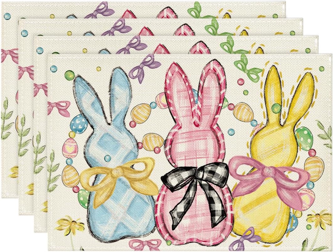 Bunny Rabbits Eggs Easter Placemats Set of 4, 12x18 Inch Floral Bow Seasonal Spring Holiday Table Mats for Party Kitchen Dining Decoration - Image 1